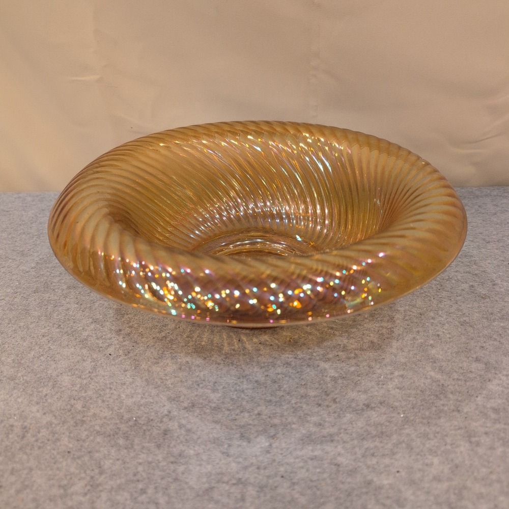 Vintage Marigold Iridescent Carnival Glass Swirl Ribbed Decorative Bowl - Picture 1 of 8